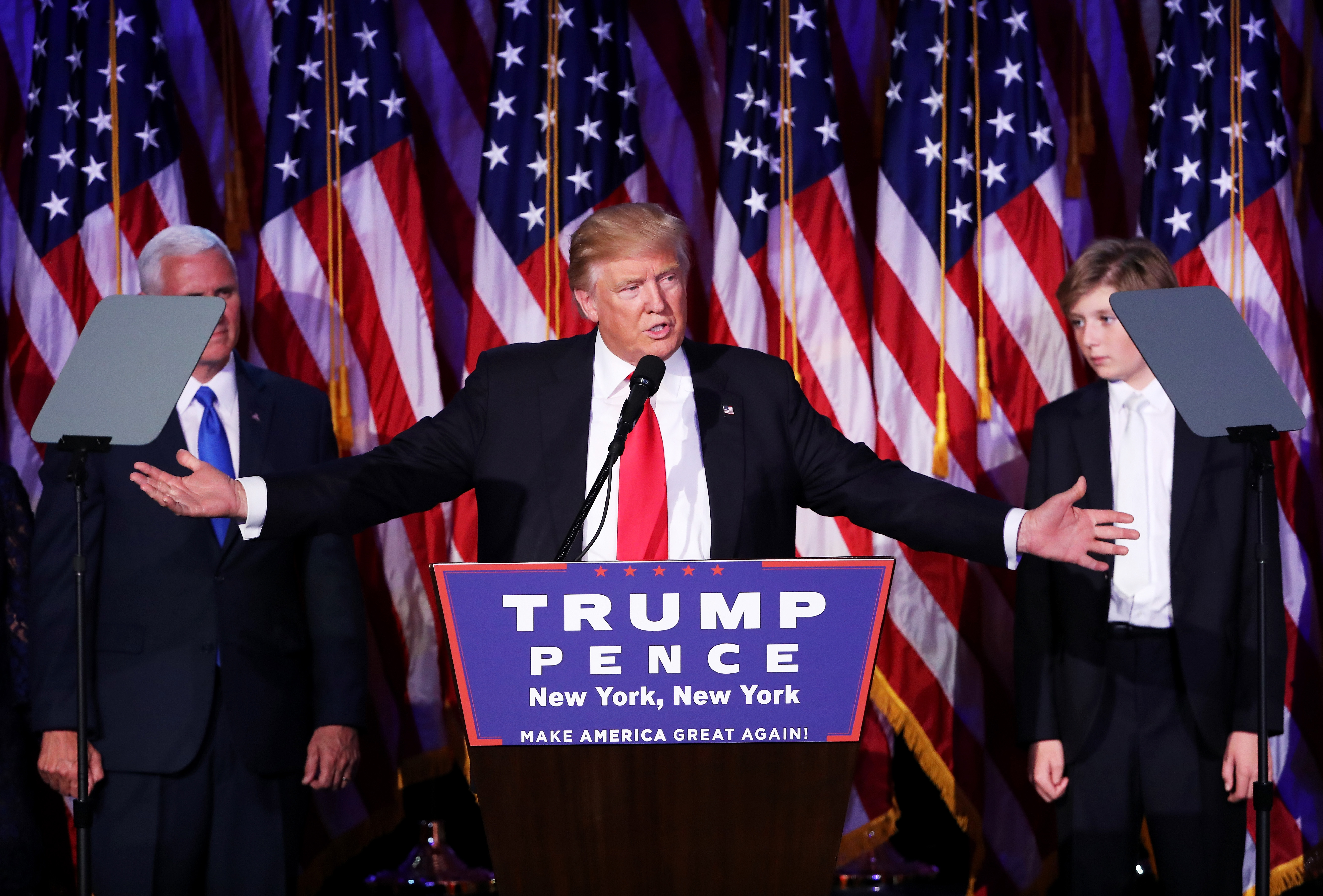 NEW YORK, NY - NOVEMBER 09: Republican president-elect Donald Trump delivers his acceptance speech during his election night event at the New York Hilton Midtown in the early morning hours of November 9, 2016 in New York City. Donald Trump defeated Democratic presidential nominee Hillary Clinton to become the 45th president of the United States. Mark Wilson/Getty Images/AFP