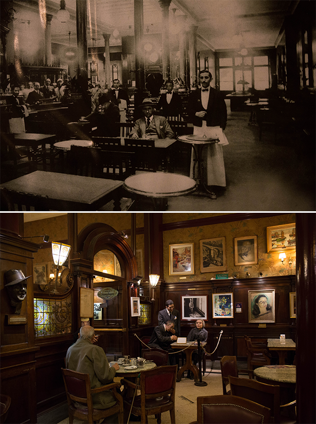 （上）Cafe Tortoni於1858年開業，是布宜諾斯艾利斯歷史最悠久的咖啡館。 （下）當年博爾赫斯經常坐的桌子，現在放置了他的蠟像。