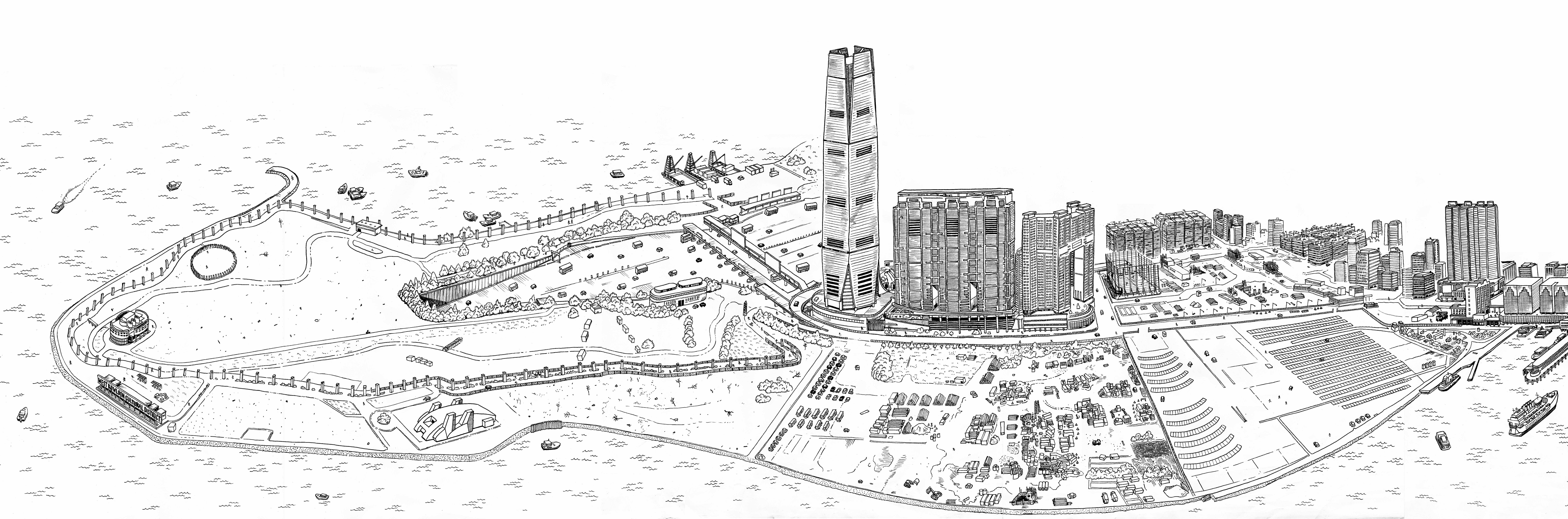 黎達達榮在2011年畫下西九的發展面貌，簡單的筆觸勾勒了對西九的期許與想像。（插圖由黎達達榮提供）