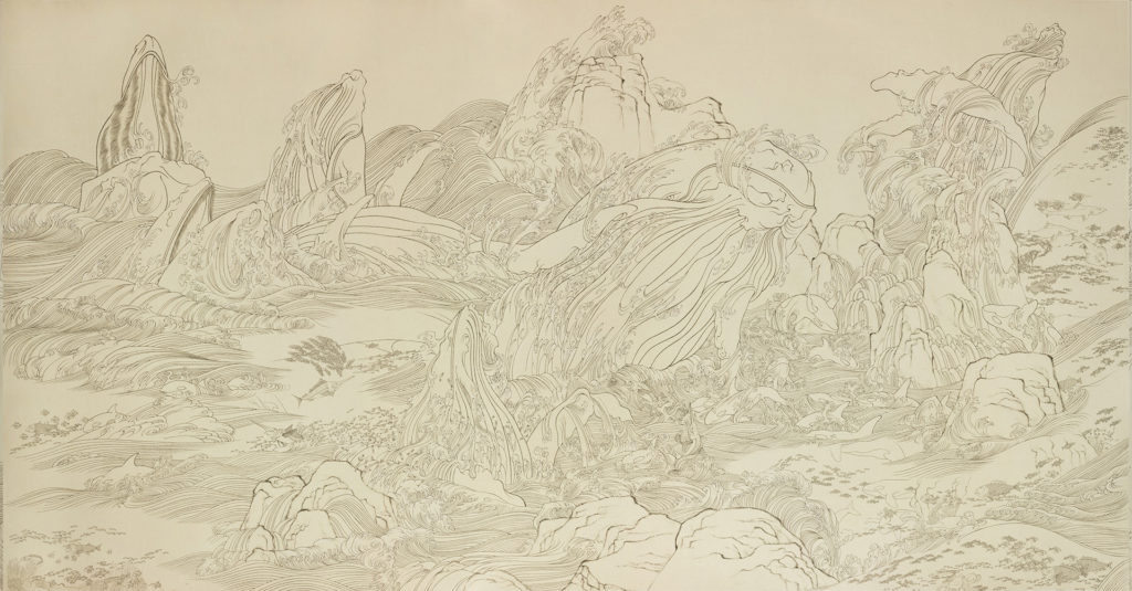 陳鈞樂今年代表「嘉圖現代藝術」參展的作品是一件三合一的大型工筆畫作，名為《海獸》。