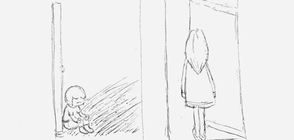 可楓自畫，童年的無助孤獨（圖左），要到今天長大（圖右），才有力量步出陰霾。
