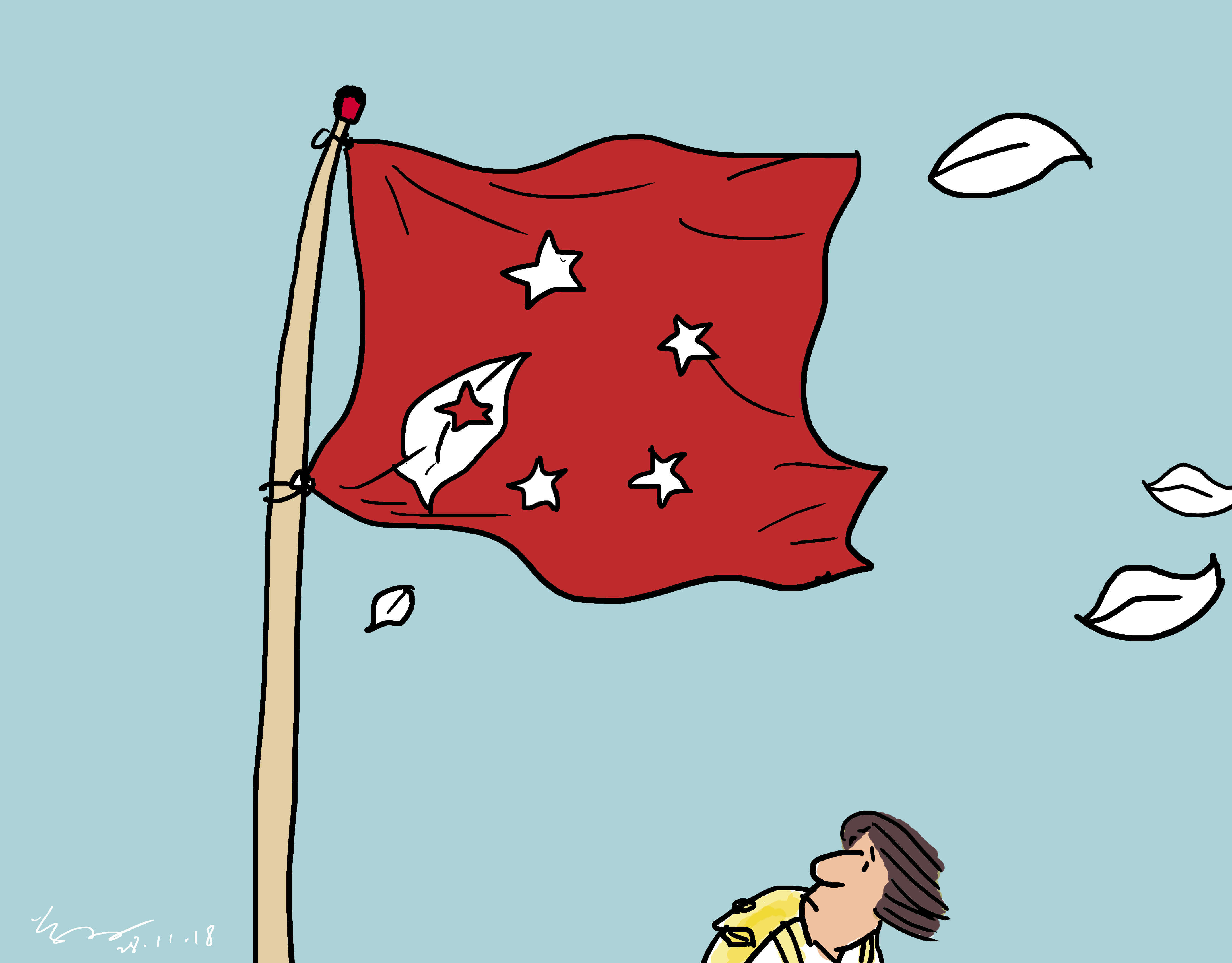 對於在香港最大的恐懼，他認為是港人以往堅信的價值崩解，風雨飄搖，香港愈來愈像中國，特區旗上一片片洋紫荊花瓣被吹走，只剩下五粒星。