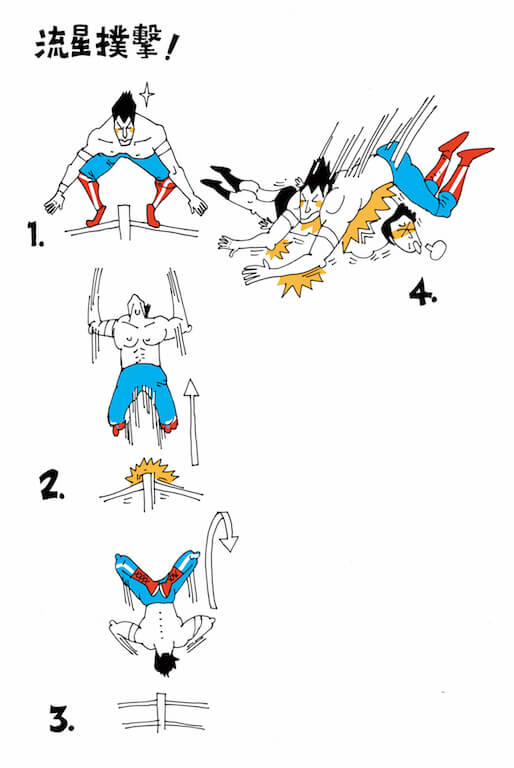 跳上繩角後，向前方躍起，翻身一圈，再以腹部撲向對手。飛撲時通常呈大字形姿勢，將下墜重力分散至手腳，以免力量集中在對方胸口。（插畫：Stella So）