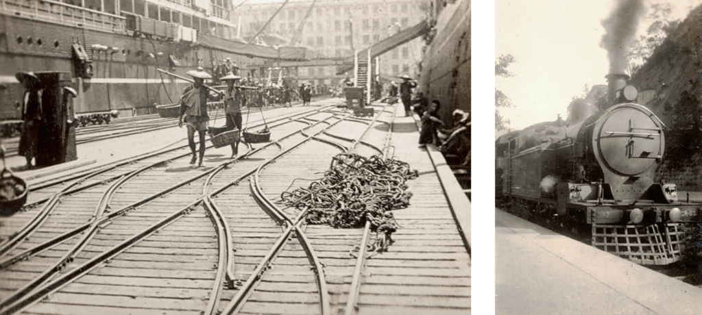 （左）1920年代梳士巴利道是九龍面向世界的樞紐，尖吵咀火車站旁邊除了有前往香港的天星小輪碼頭外，現時新世界中心位置有藍煙囪貨倉碼頭（Holb's Whorf）， 可見當時交通已連接到歐美，是名副其實的國際城市。 （右）當時的九廣鐵路火車還是燒煤的蒸汽火車。