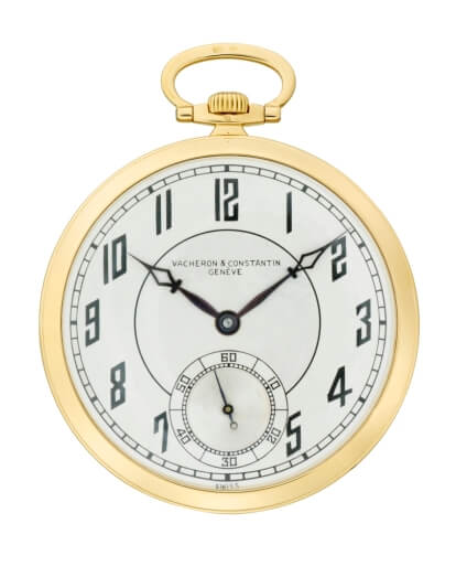 Vacheron Constantin Les Collectionneurs 18K黃金懷錶，1923年（已售） 早前系列再有新藏品加入，此44mm懷錶為其中一款，雙色調銀錶盤配黑琺瑯Art Deco設計阿拉伯數字刻度透現年代感，黃金指針及小秒針為”Cathédrales”設計。 