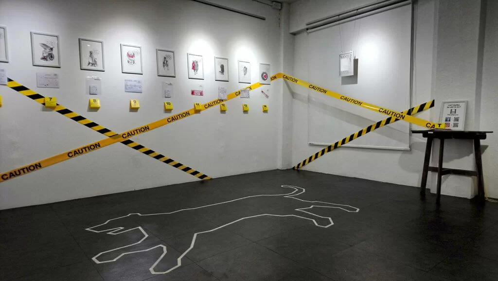 「凶案現場」原畫展的展場佈置有如謀殺案的犯罪現場,寓意人類就是謀殺動物的兇手。