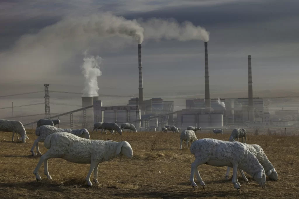 盧廣作品《被污染的風景》揭露蒙古大草原被工業和採礦業嚴重污染，大批牛羊死亡，政府以人造牛羊雕塑取而代之，來偽造「風吹草低見牛羊」的昔日美景。