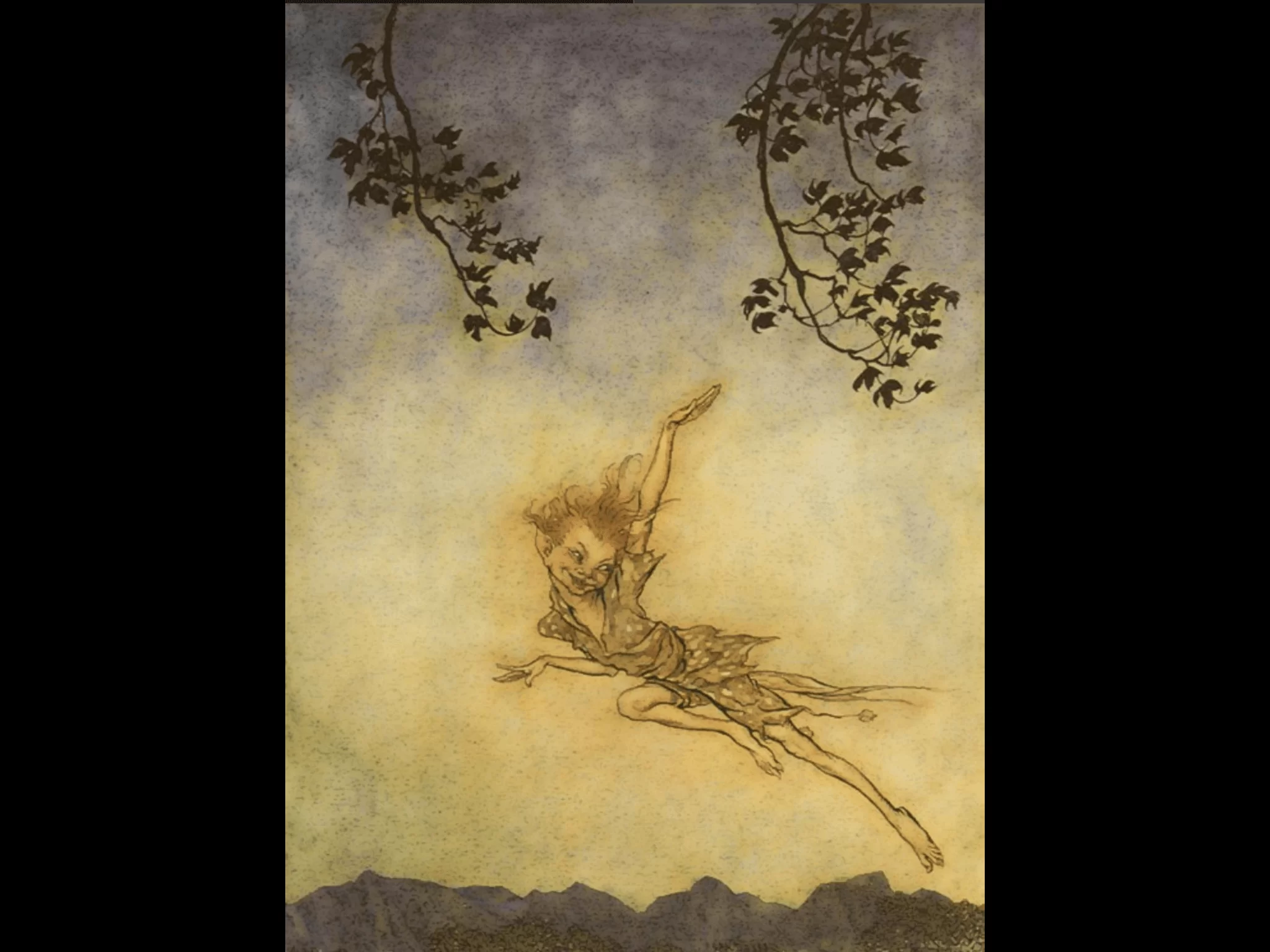 Arthur Rackham 替莎士比亞名劇 《仲夏夜之夢》畫的插畫 ․畫中人物是小妖 Puck，畫得晶瑩剔透 ․小妖曰：吾往矣，吾往矣， 吾往神速何所似？ 猶勝那韃靼弩箭乍離弦。