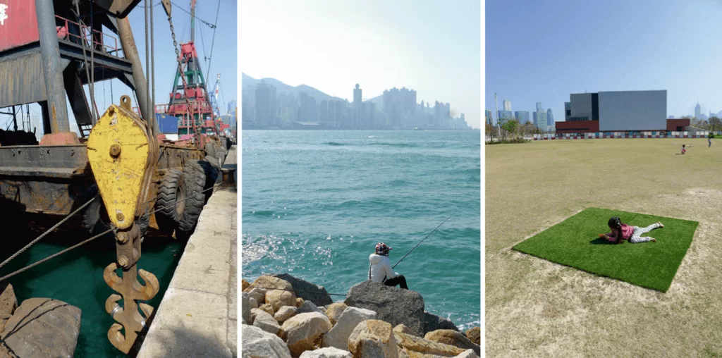西九龍文化區：停泊在鄰近碼頭的小船；海濱垂釣；草地嬉戲。（圖片由作者提供）