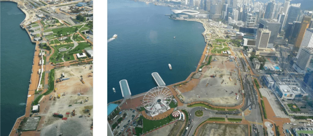 中環填海區的鳥瞰圖 ，還有人民解放軍碇泊處的近景特寫。（圖片由作者提供）