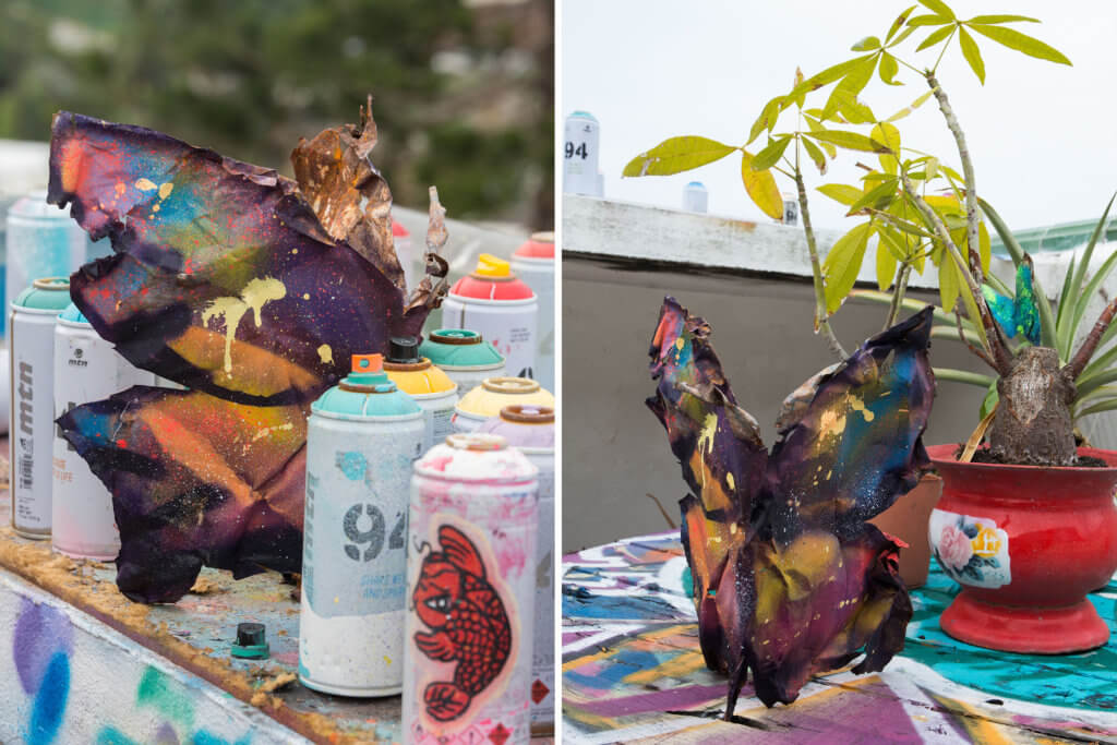 用回收鐵皮製成的塗鴉蝴蝶。