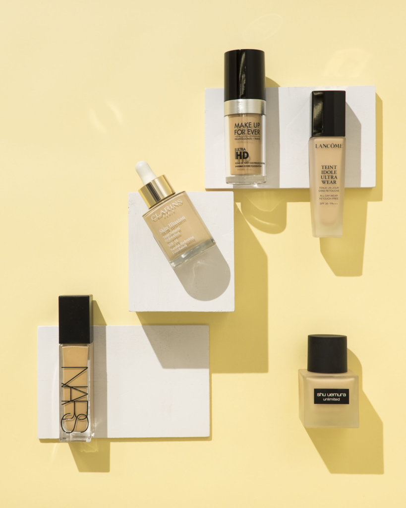 (from left to right) NARS Natural Radiant Longwear Foundation $470 CLARINS Skin Illusion Natural Hydrating Foundation SPF15 $350 MAKE UP FOR EVER Ultra HD Invisible Cover Foundation $380 LANCOME Teint Idole Ultra Wear Liquid Foundation $390 SHU UEMURA unlimited foundation SPF24/ PA+++ $350