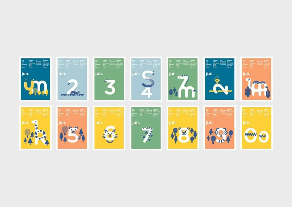 Kylie做資料搜集時得知外國醫院會安排工作坊給小朋友，想像香港兒童醫院都有活動要宣傳，於是沿用結合點線、數字與字母拼成動物的概念，利用四個主色設計海報樣式。