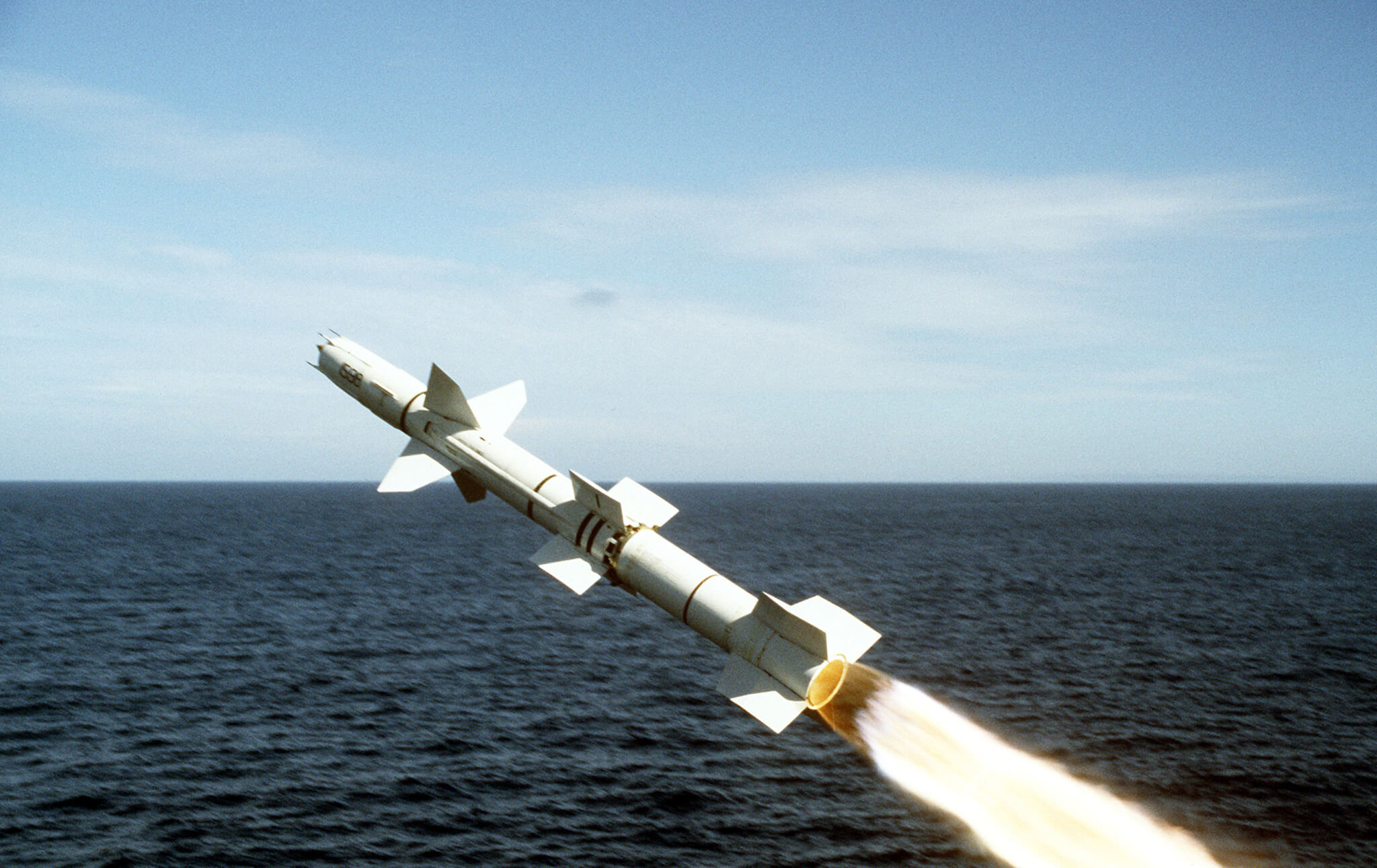 Side view of a Talos surface-to-air missile, just after being fired from the guided missile cruiser USS OKLAHOMA CITY (CG-5).