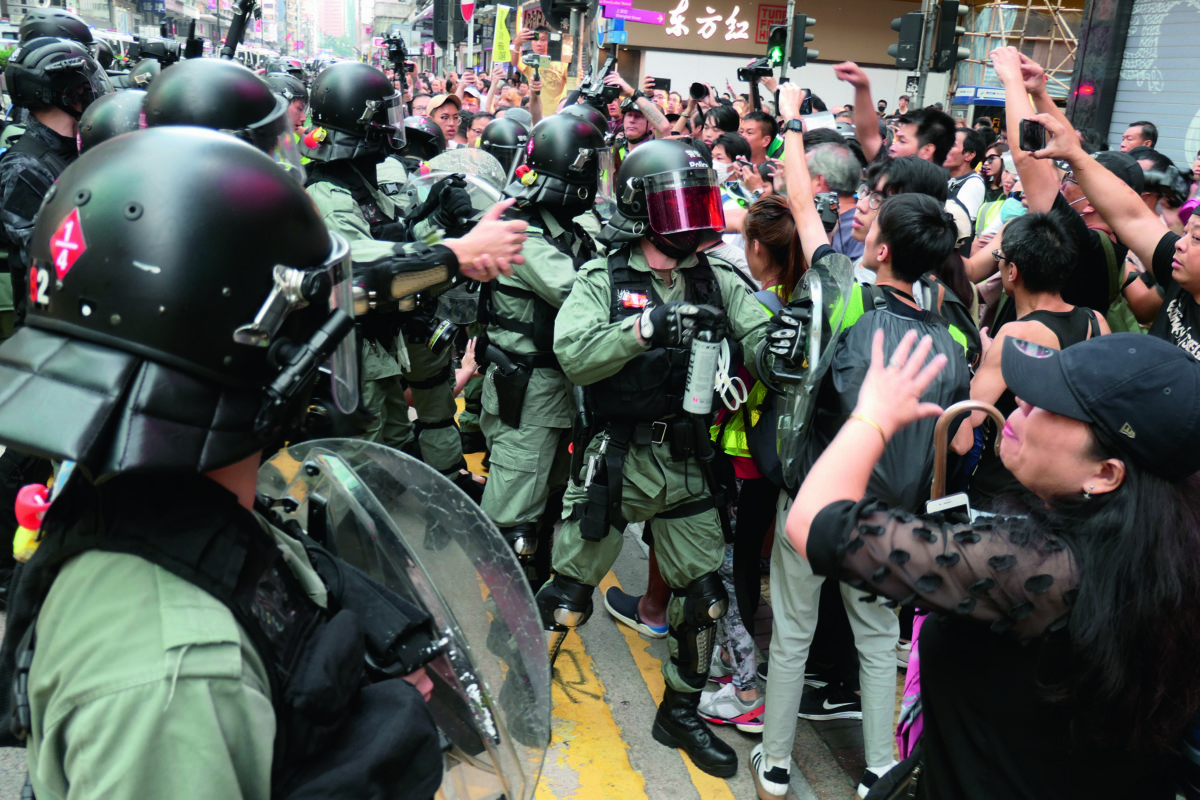Police pepper-spraying street onlookers in Yau Ma Tei, 13 October 2019; Hong Kong Design Institute trashed by protesters, 14 October 2019 
