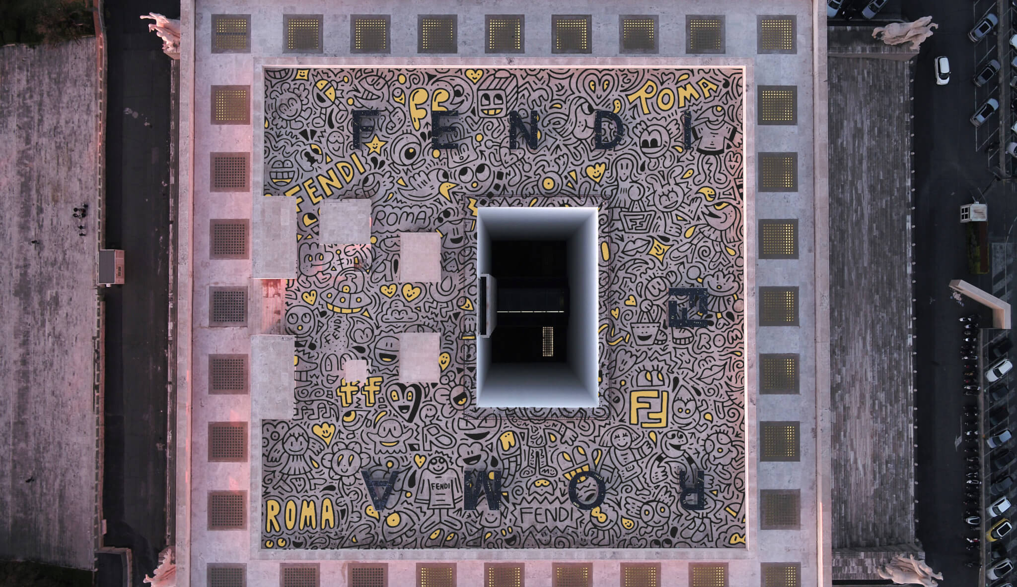 Mr. Doodle將整個Fendi總部的天台都畫滿其招牌「密集式」塗鴉，並將品牌的FF logo融入創作之中。