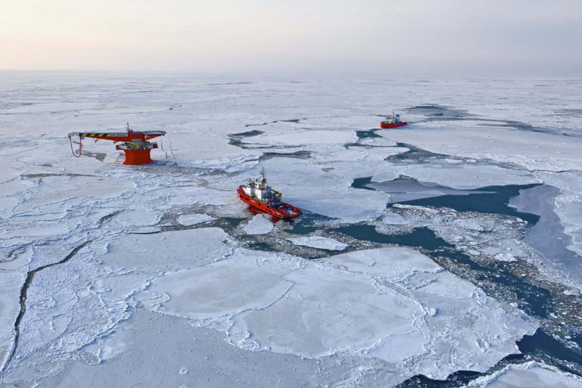 An aerial view of the world's most northerly oil terminal (according to the Guiness Book of Records). The LUKoil terminal, off Russia's Arctic shore, serves tankers using the Arctic route between Europe and Asia, and is another step in Russia's push towards the North Pole. The two boats are ice-breakers working round-the-clock.