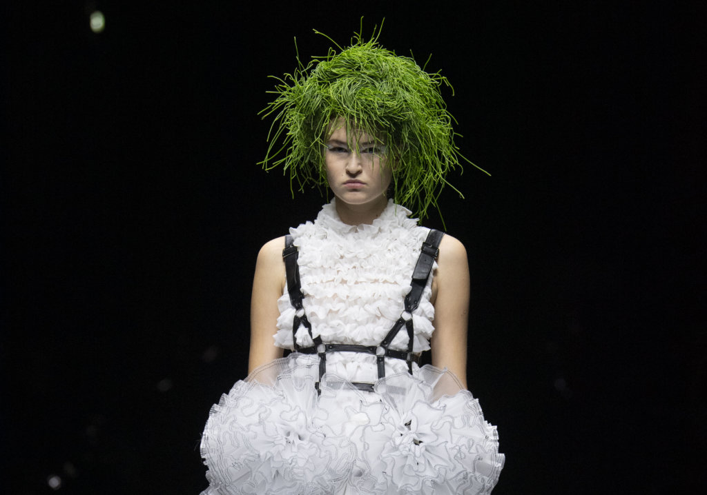 Model wears an outfit , as part of the pret a porter 2020, fashion week, Paris,  France, from the house of Noir