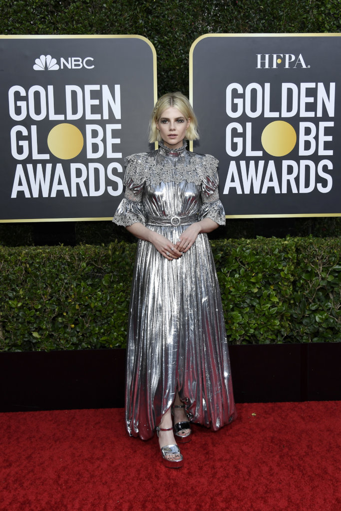 BEVERLY HILLS, CALIFORNIA - JANUARY 05: 77th ANNUAL GOLDEN GLOBE AWARDS -- Pictured: Lucy Boynton arrives to the 77th Annual Golden Globe Awards held at the Beverly Hilton Hotel on January 5, 2020. -- (Photo by: Kevork Djansezian/NBC/NBCU Photo Bank via Getty Images)