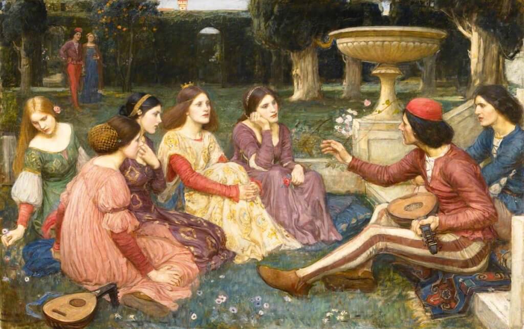 英國畫家 John William Waterhouse 1916年為《十日談》所作的畫，名為《A Tale from the Decameron》。