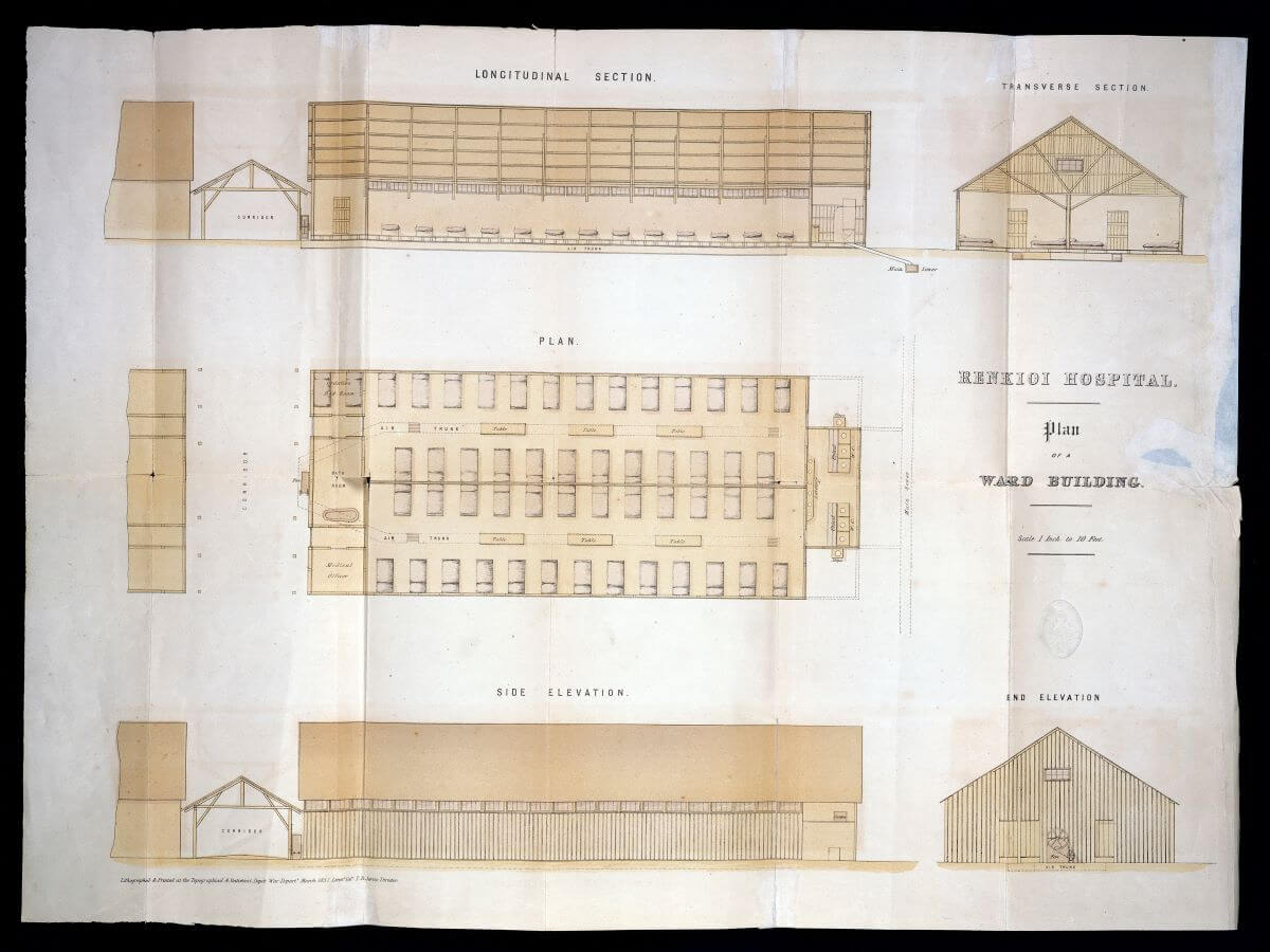 由工程師Isambard Kingdom Brunel於1855年設計的Renkioi戰地醫院設計圖。