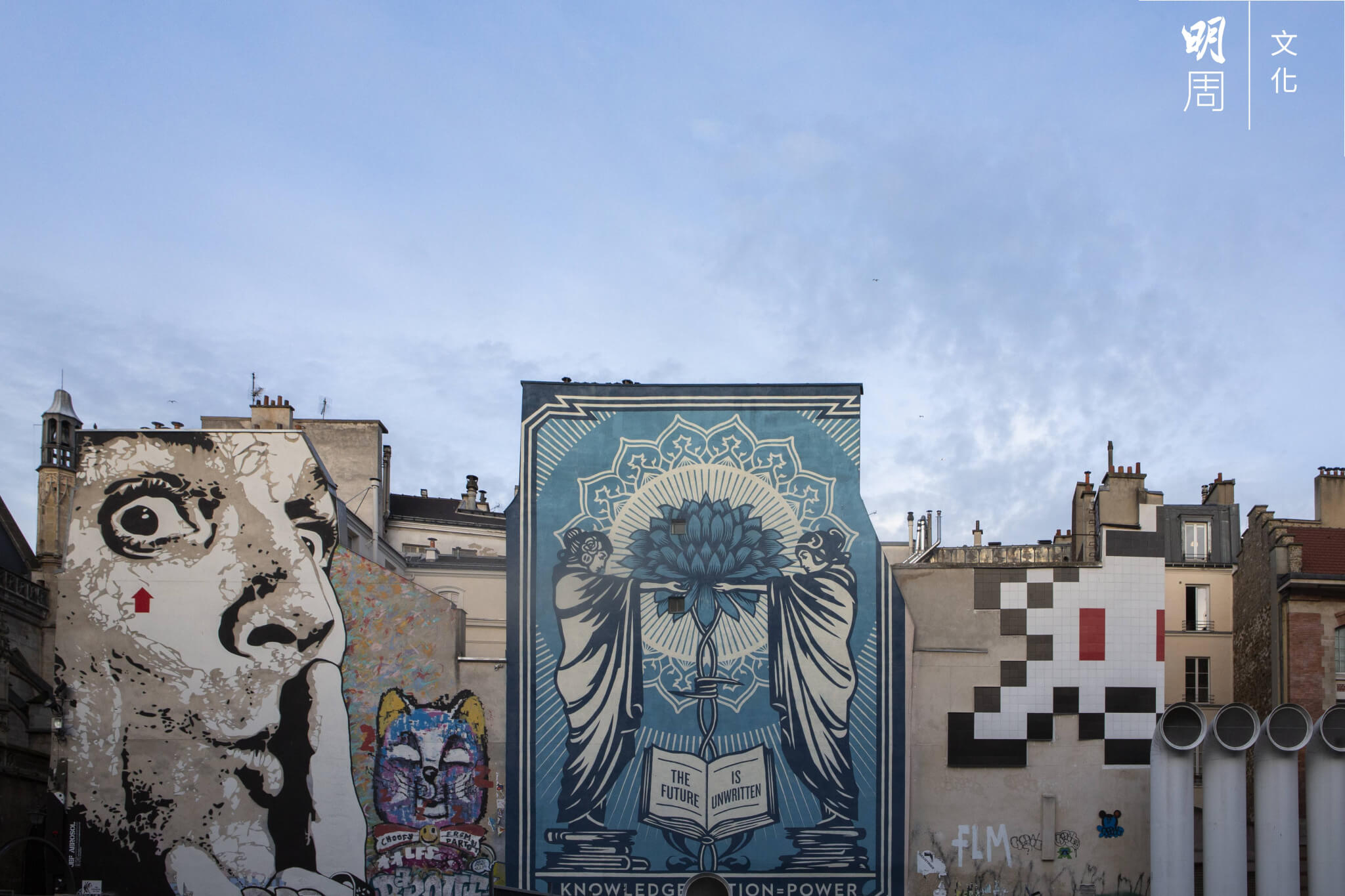 龐比度中心附近的建築物，不少牆身都可見街頭藝術。最左方一幅壁畫，是塗鴉藝術家Jef Aerosol二〇一二年的作品《Chuuuttt!!!》，描繪對象為超現實主義畫家達利。