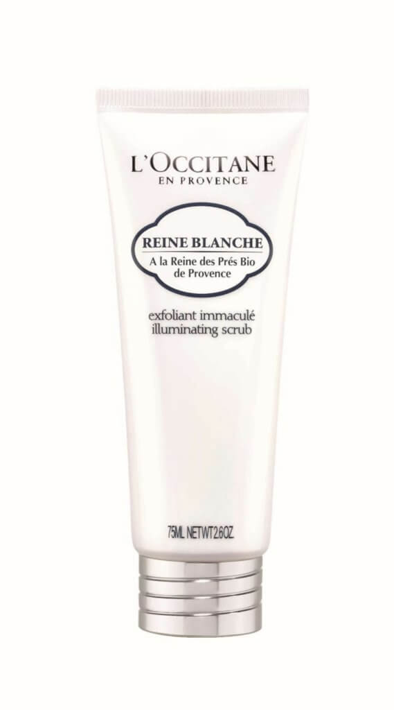 L'occitane Reine Blanche Illuminating Scrub白皇后亮白磨砂霜 $310/75ml 有機繡線菊（Reine des Prés）是L'occitane白皇后亮白系列的成份，有助讓肌膚顯得更亮白、均勻和通透。白皇后亮白磨砂霜可以去除皮膚的雜質，撫平肌膚紋理，適合所有皮膚類型。