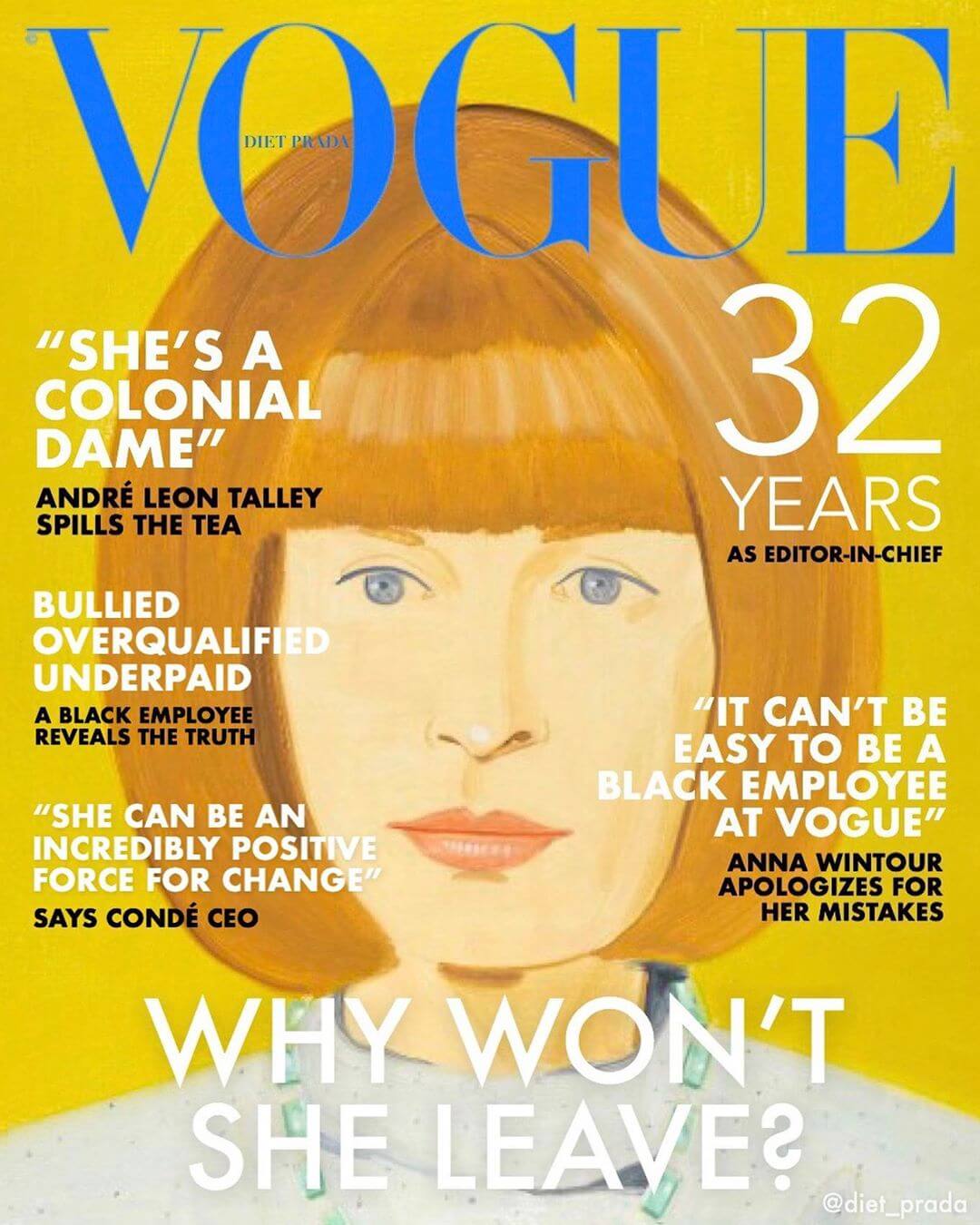 時裝警察@diet_prada「二創」《Vogue》雜誌封面，諷刺Anna Wintour是「殖民女公爵」。