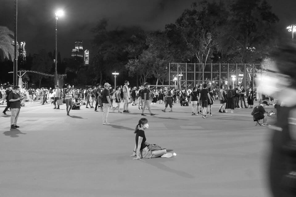 People gathered to remember the Tiananmen massacre, despite an official police ban using Covid-19 social gathering restrictions on this year’s candlelight vigil, Victoria Park, Causeway Bay, Hong Kong, 4 June 2020 (photograph: John Batten) 