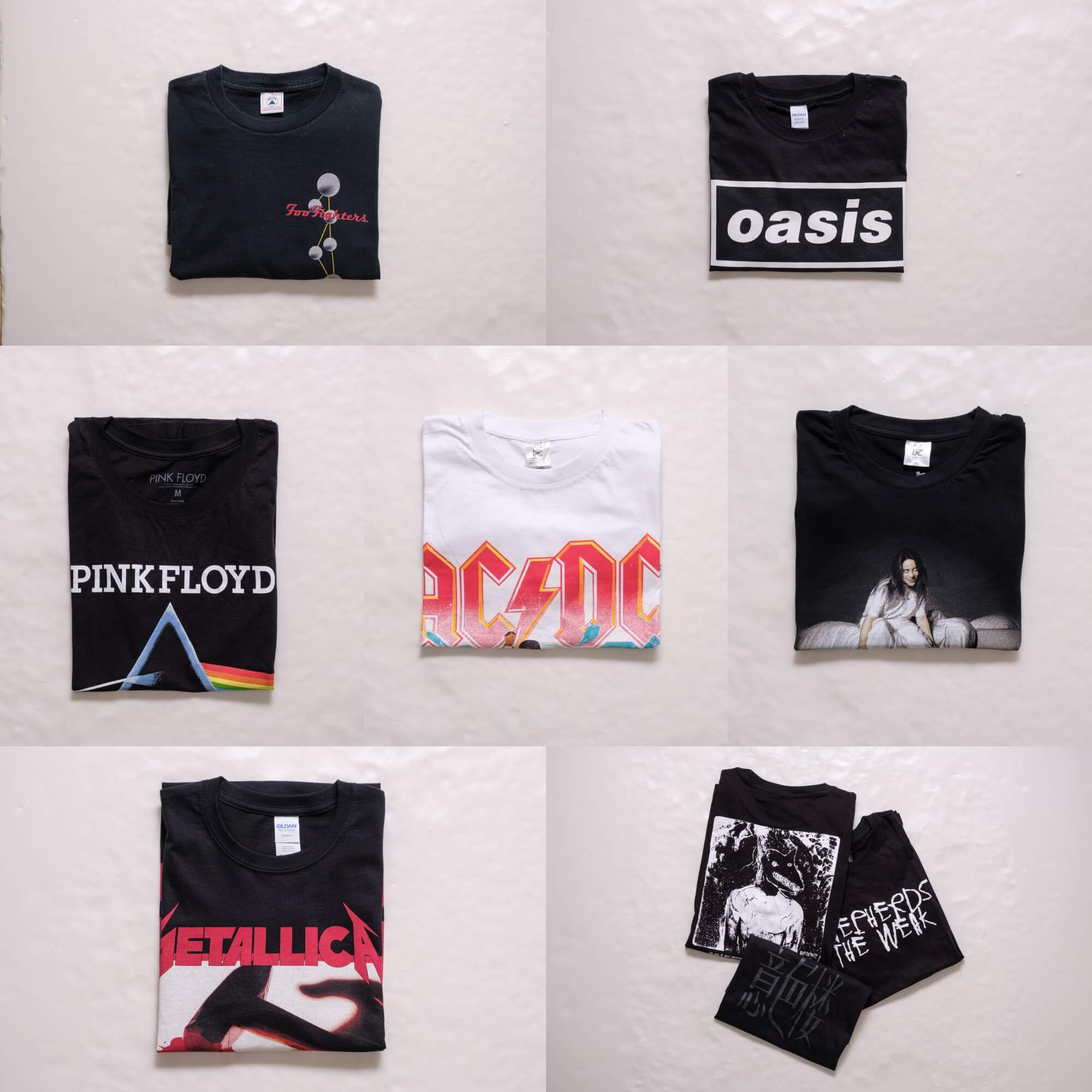 Foo Fighters Vintage T-shirt from 1997 $680 2.Oasis Women T-shirt $220 3.	Pink Floyd Women T-shirt $220 4.	AC/DC T-shirt $250 5.	Billie Eilish T-shirt $250 6.	Metallica Kill’em All T-shirt $250 7.	Hong Kong Indie Bands意色樓T-shirt $200, Shepherds The Weak T-shirt $200