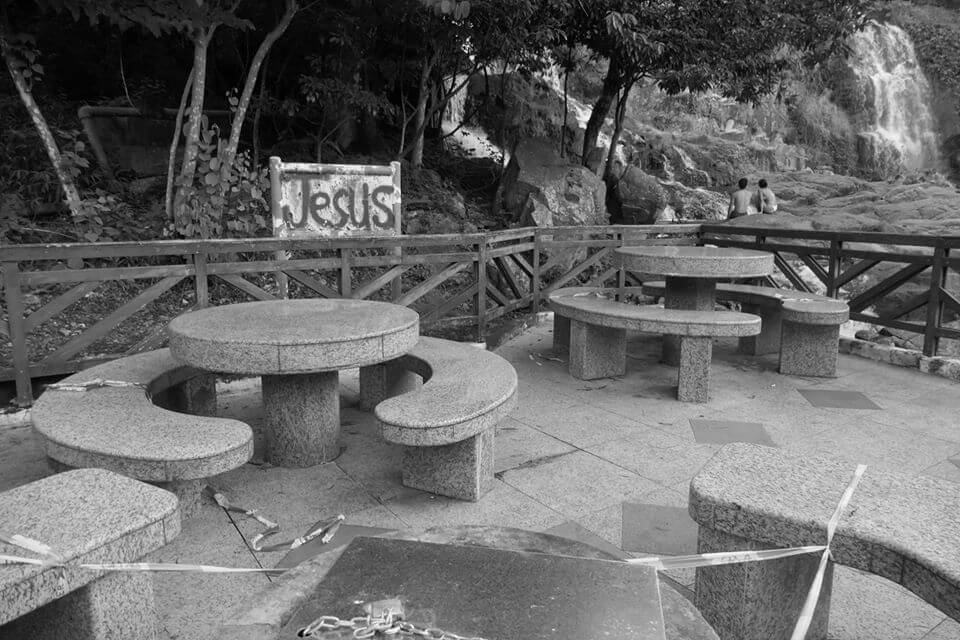 Jesus in 'Arcadia' (lazing lovers, closed-off BBQ area next to waterfall), Lantau, Hong Kong, 14 August 2020  (Photo: John Batten) 