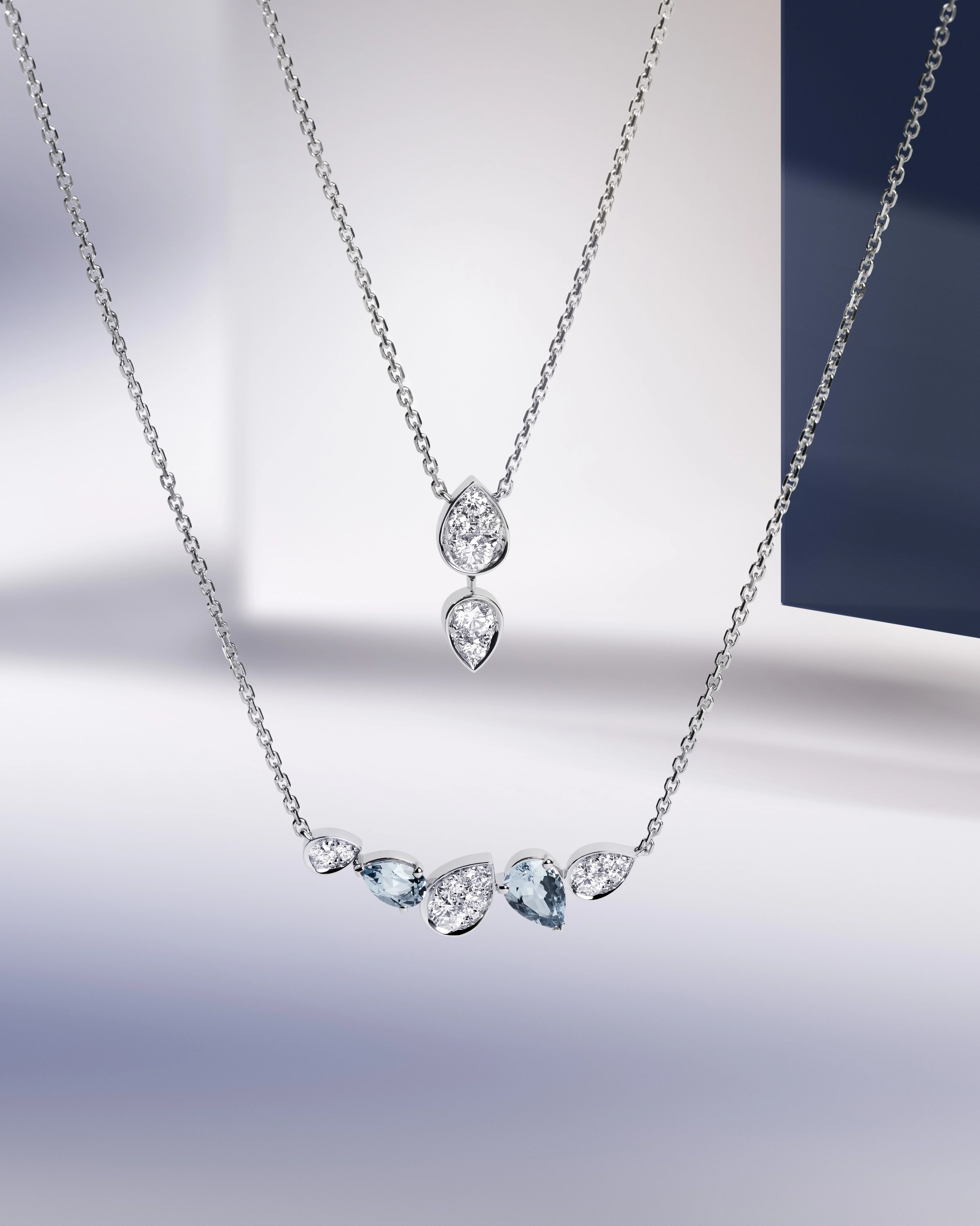 Pendant in white gold with diamonds $33,300 Pendant in white gold with diamonds and Aquamarines $39,100 All from Chaumet Joséphine Ronde d'Aigrettes collection