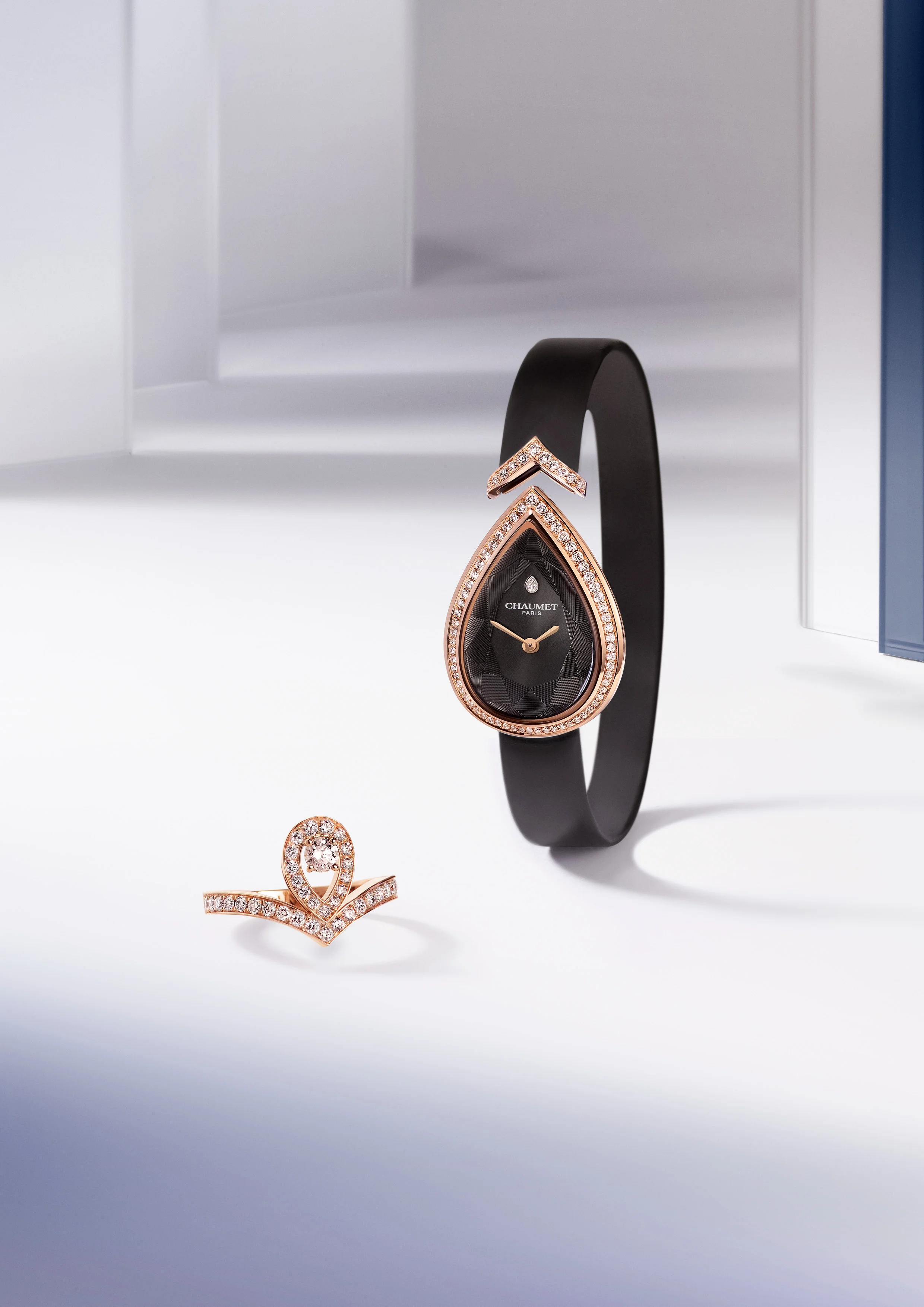 Joséphine Aigrette watch in pink gold case with diamonds and diamond-set aigrette goat leather strap $79,800 Joséphine Aigrette ring in pink gold with diamonds $62,300