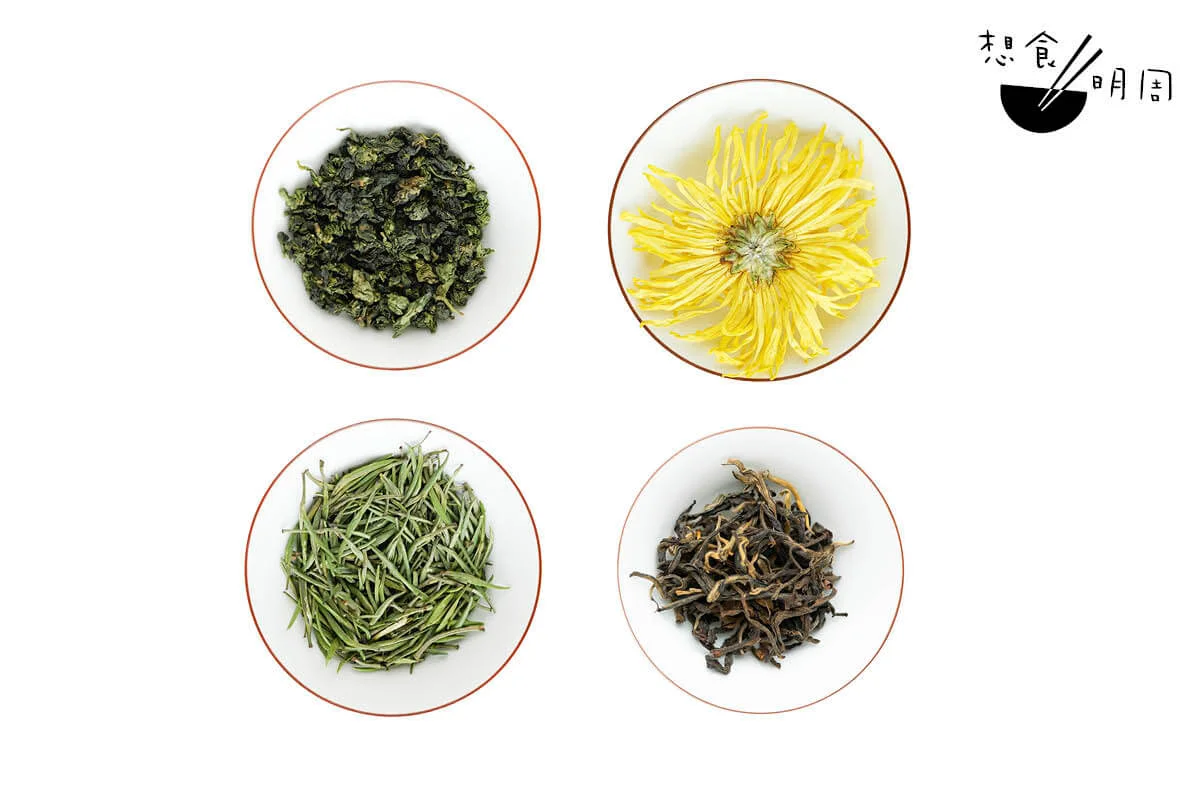 禮盒中的茶葉，包括蘭香鐵觀音、金絲皇菊、竹葉青和古樹曬紅（由左上起順時針），都是Nana從雲南、四川、安徽、福建等茶莊直接採購的上好佳品。
