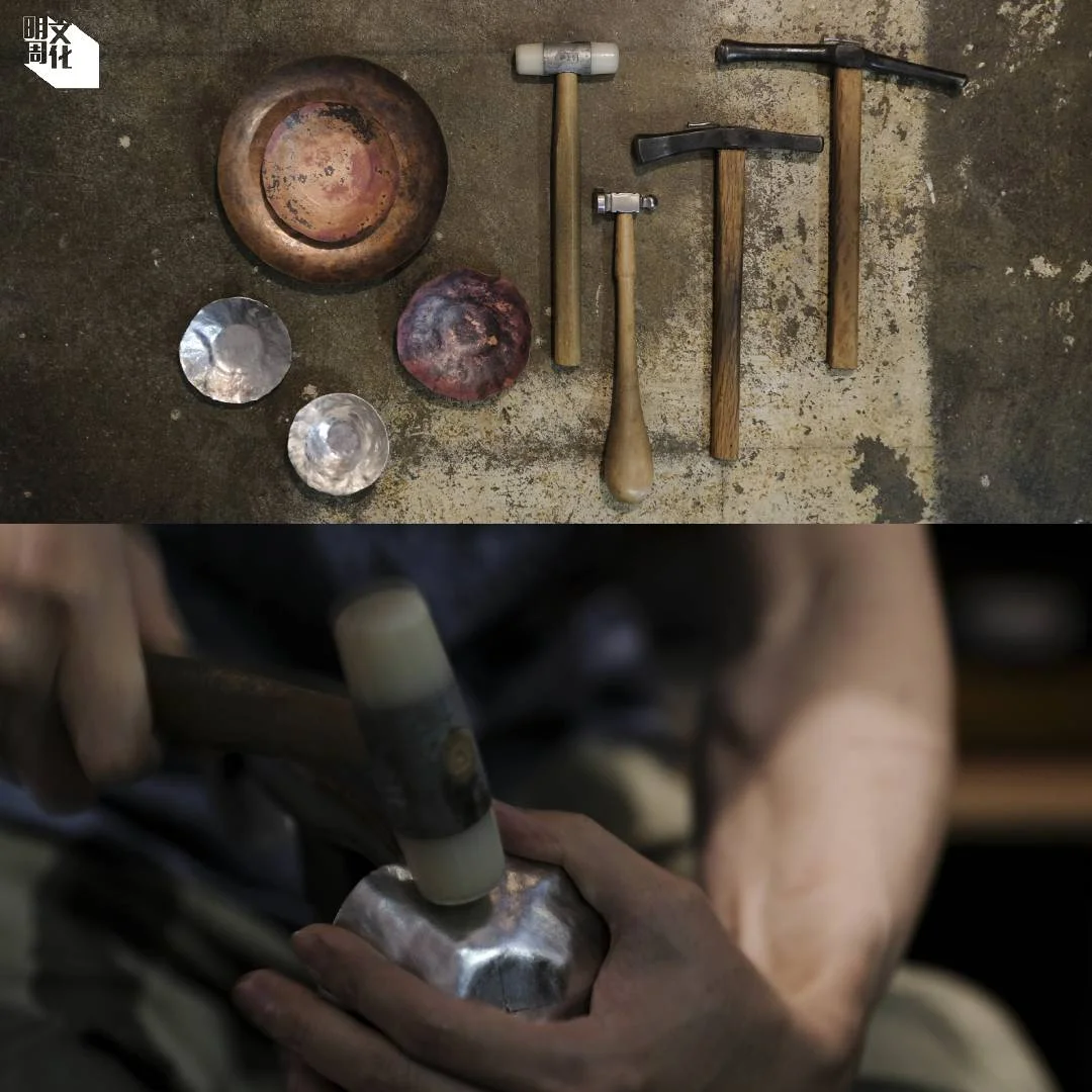 製作錫花器經多個工序，包括：裁剪錫片、鍛敲、塑形、焊接、多重打磨等。