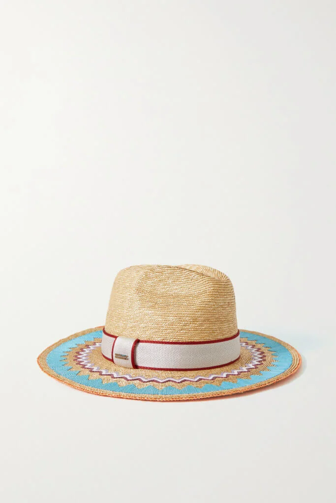 MISSONI Crochet knit-trimmed embroidered straw fedora