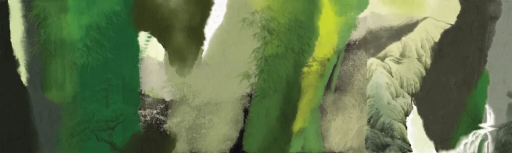 專為是次展覽創作的《別了老冬 又綠江南頭》，其色彩渲染、細節顯現及拼貼手法，盡顯數碼水墨的藝術特色。