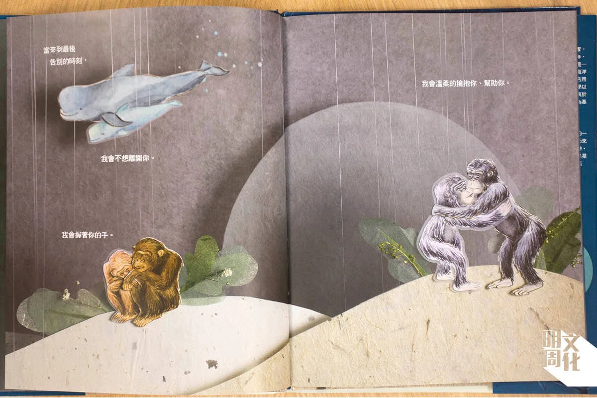《最後的告別》描畫了鯨魚、猩猩、大象等動物在同伴臨死前的行為