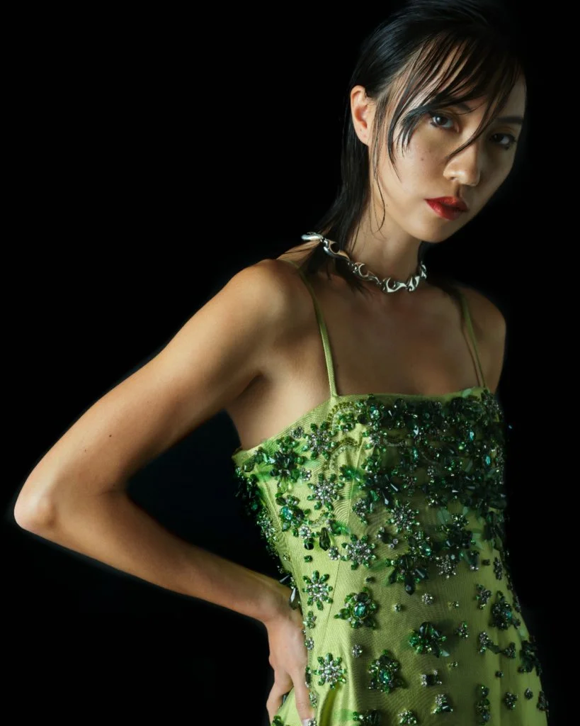 MIU MIU EMBROIDERY GREEN DRESS BOTTEGA VENETA NECKLACE 