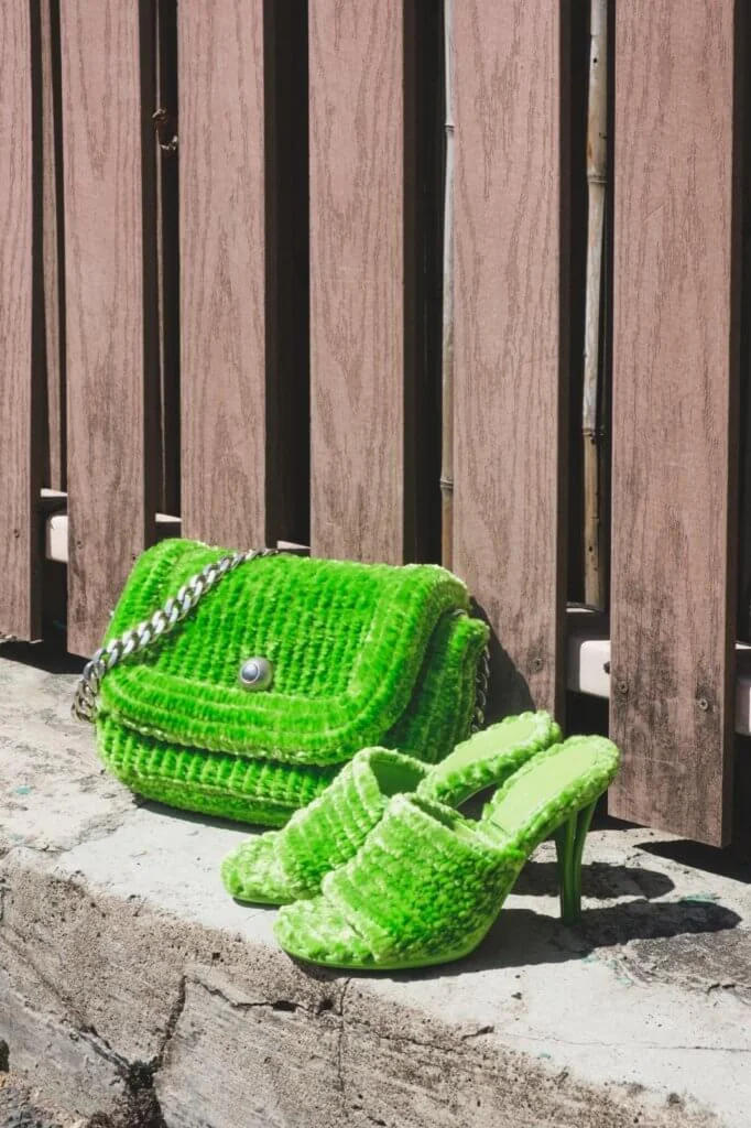 BOTTEGA VENETA GREEN CHENILLE CORDUROY SHOULDER BAG $28,200 GREEN SANDALS $15,500 