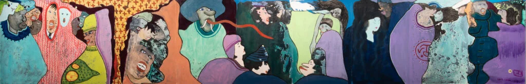 自學藝術家陳福善的作品（上起）《自畫像》（1948）水彩紙本，《眾生相》（1969）單刷版及塑膠彩紙本。這兩幅風格截然不同的作品印證了藝術家勇於求變的精神。有「水彩王」之稱的陳福善，擅長寫實水彩，但作品於1950年代起逐漸難以稱得上創新。1962年大會堂美術博物館（今香港藝術館）舉辦展覽，其作品更被評為「過時」而未能入圍參展。不過，藝術生涯的低潮卻成了創作路上的轉捩點，陳福善另闢蹊徑，悟出嶄新創作手法，其後畫下不少抽象、奇幻的經典作品。