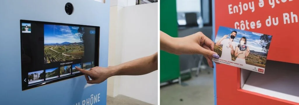 市集設有免費照相棚，可挑選隆河丘當地的自然美景做背景，拿着小道具開心拍下即影即有法國旅行照。