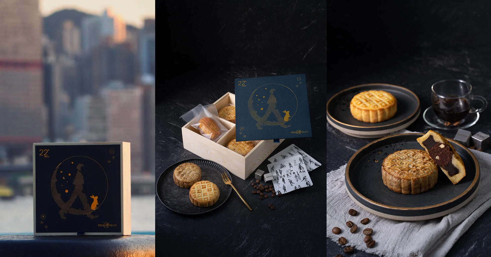 月下・月餅禮盒（2件流心奶黃味馬德蓮貝殼蛋糕、2件榛子粒粒朱古力咖啡月餅、2件開心果士多啤梨月餅、4包Pedestrian Coffee 自家烘焙掛耳包，$388。早鳥價$368）