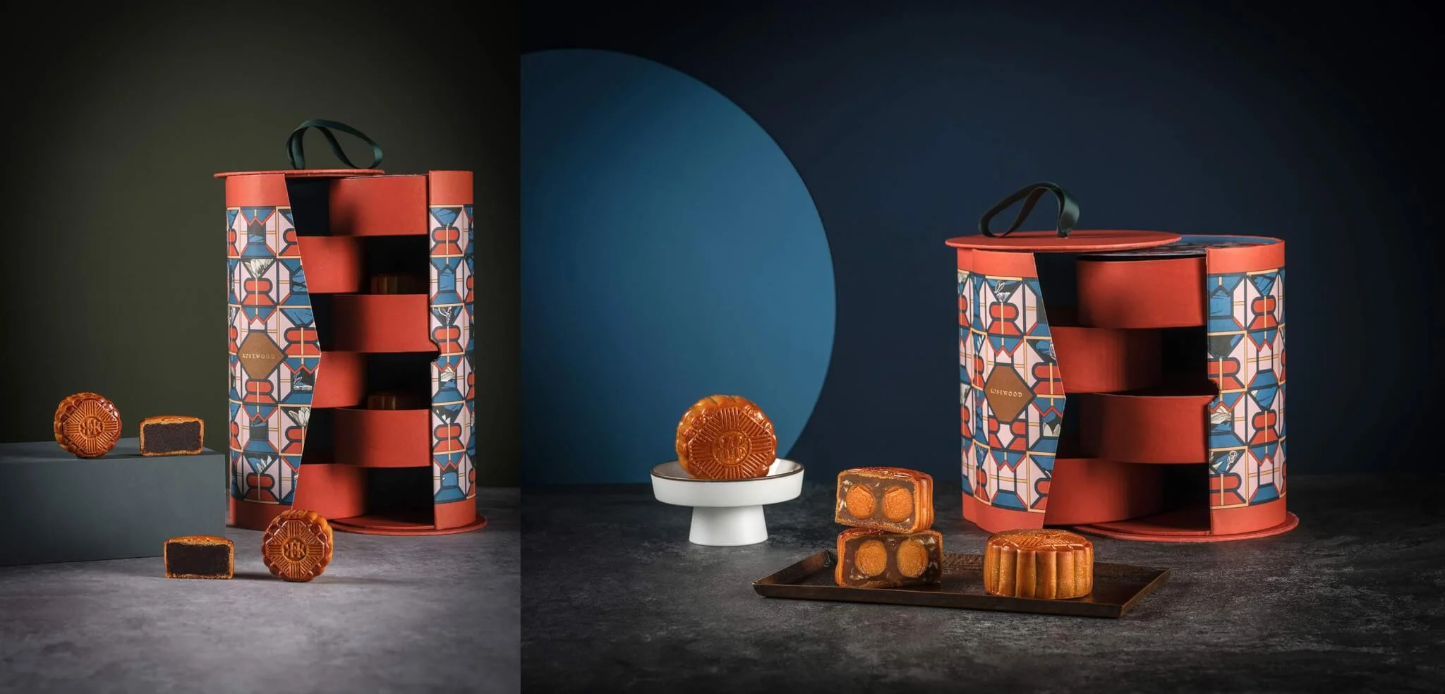 左：「細味‧港情」茶味月餅 (六件裝，$628) 右：傳統雙黃黃蓮蓉欖仁月餅 (四件裝，$588)