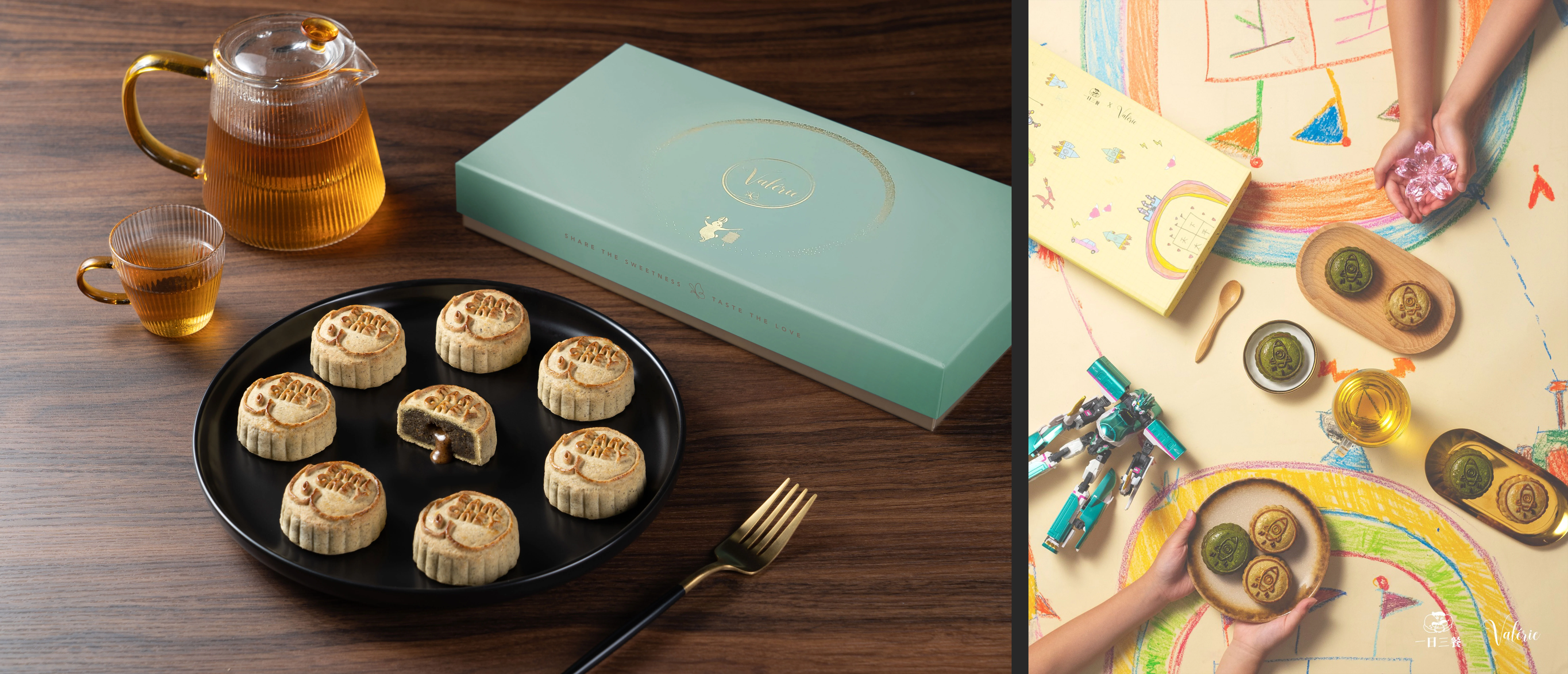 左：九件裝限量珍藏禮盒（$398），流心奶黃月餅、流心宇治抹茶月餅及流心伯爵茶月餅各三件。