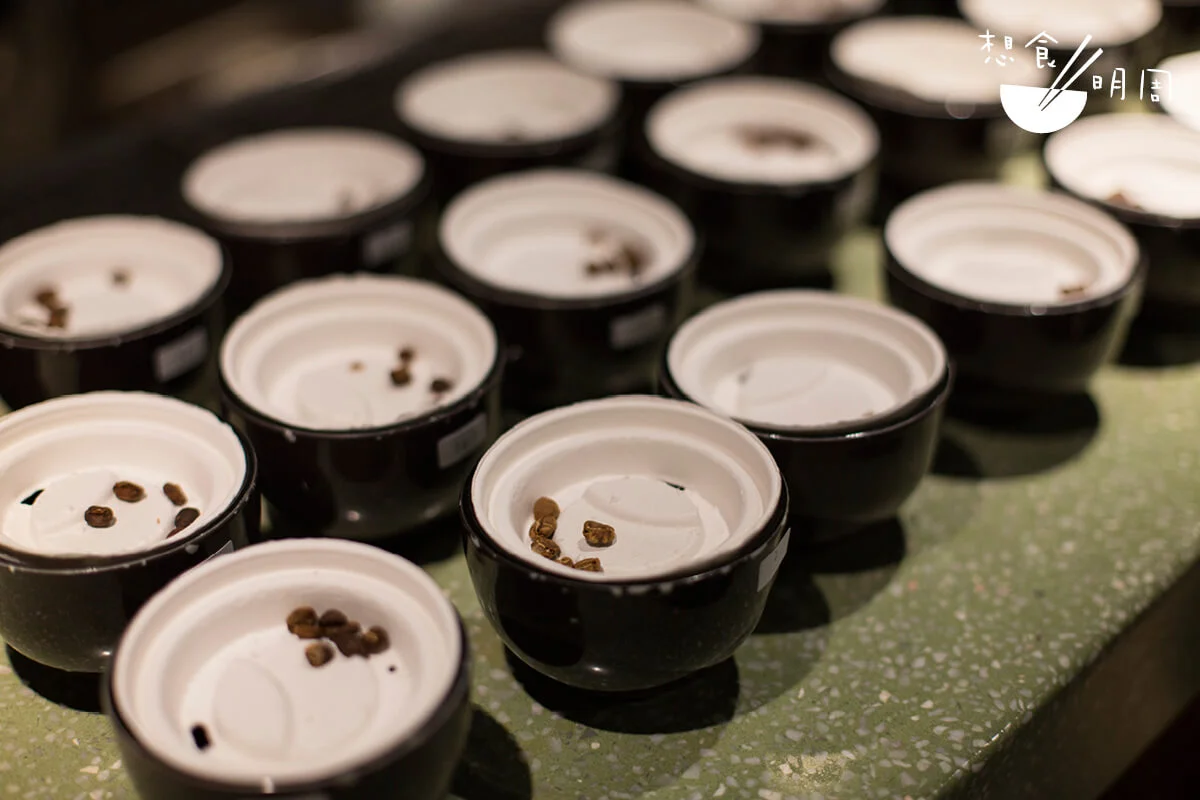 杯測有既定程序，一般會先作「聞香」，聞聞研磨後的咖啡豆香氣。作聞香前，粉末都先蓋上蓋子，以防香味揮發。