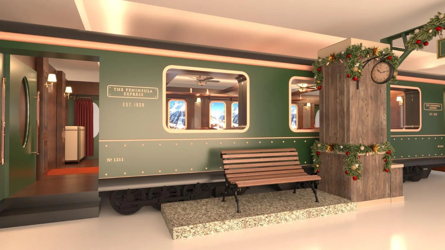 「半島節日列車」在聖誕限定啟程，窗外設有阿爾卑斯山風景佈景。