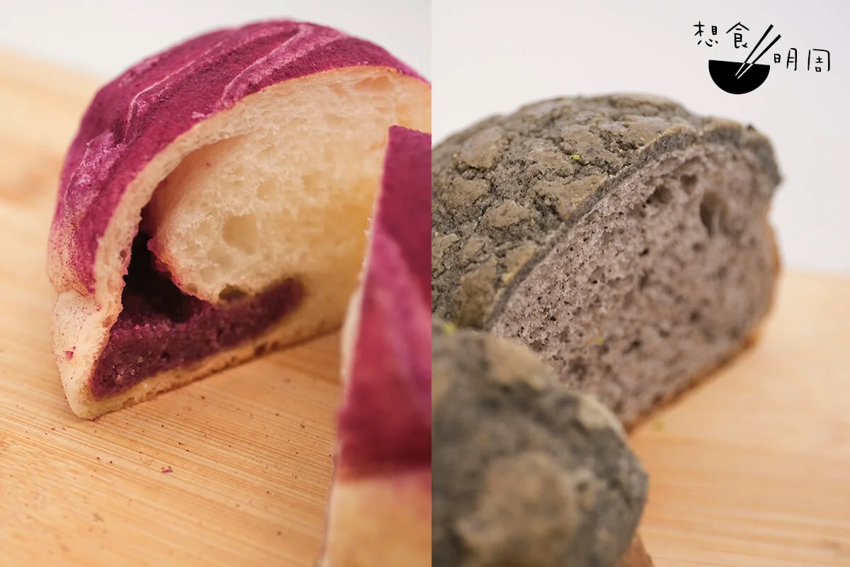（左）紫薯雞尾包//用紫薯蓉、椰絲打成的內餡，代替傳統的牛油奶粉餡，味道幾可亂真。（$16/個）（右）除了酥皮充滿芝麻香，包芯也有芝麻粒。