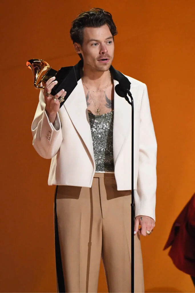 LOS ANGELES, CALIFORNIA - FEBRUARY 05: (FOR EDITORIAL USE ONLY) Harry Styles accepts the Best Pop Vocal Album award for “Harry's House” onstage during the 65th GRAMMY Awards at Crypto.com Arena on February 05, 2023 in Los Angeles, California. (Photo by JC Olivera/WireImage)