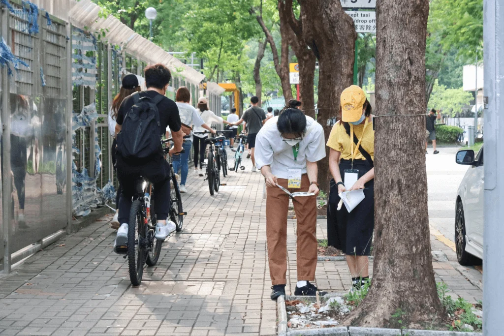 “創不同”學院公開課參加者帶着《野草手冊》，辨認大埔街頭的野草。
